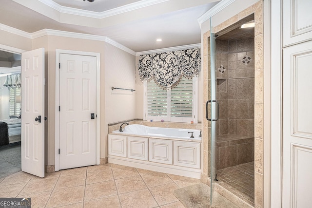 1155 Admiral Xing, Alpharetta, GA 30005 - bathroom with a bath, a shower stall, ornamental molding, tile patterned flooring, and recessed lighting