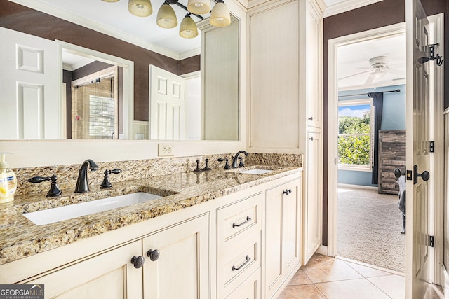 1155 Admiral Xing, Alpharetta, GA 30005 - full bathroom with double vanity, tile patterned floors, ornamental molding, a shower, and ceiling fan