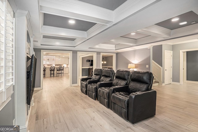 1155 Admiral Xing, Alpharetta, GA 30005 - home theater room featuring ornamental molding, coffered ceiling, beam ceiling, light wood finished floors, and recessed lighting