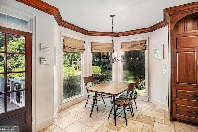 1155 Admiral Xing, Alpharetta, GA 30005 - dining area with ornamental molding, stone tile floors, a chandelier, and healthy amount of natural light