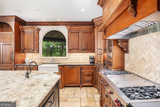 1155 Admiral Xing, Alpharetta, GA 30005 - kitchen with premium range hood, backsplash, light stone countertops, recessed lighting, and stone tile flooring