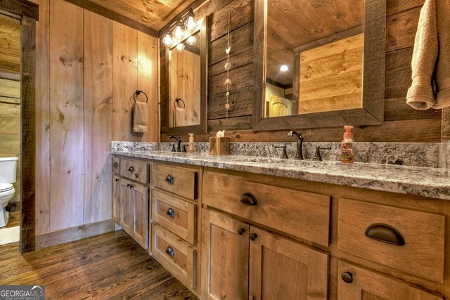 330 Serenity Ridge Ln, Mineral Bluff, GA 30559 - full bath featuring double vanity, wood finished floors, wood walls, and wood ceiling