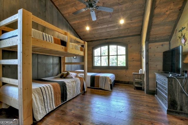 330 Serenity Ridge Ln, Mineral Bluff, GA 30559 - bedroom featuring vaulted ceiling, wooden ceiling, dark wood-type flooring, and wooden walls