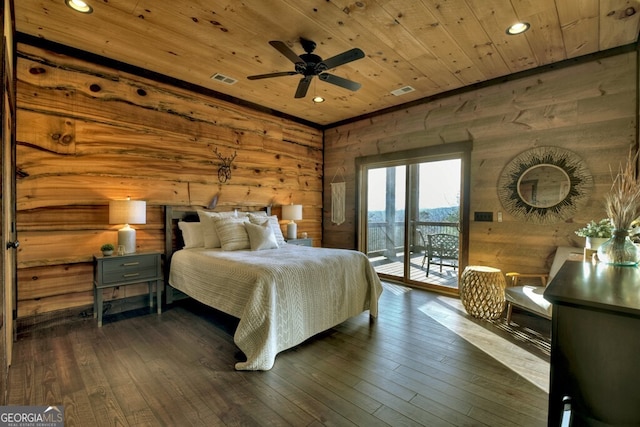 330 Serenity Ridge Ln, Mineral Bluff, GA 30559 - bedroom featuring wooden ceiling, access to outside, wood walls, recessed lighting, and dark wood-style flooring