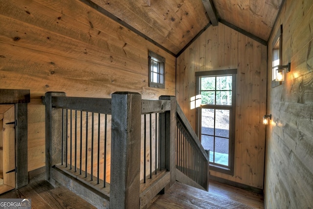 330 Serenity Ridge Ln, Mineral Bluff, GA 30559 - stairway featuring wood-type flooring, wooden walls, and wooden ceiling