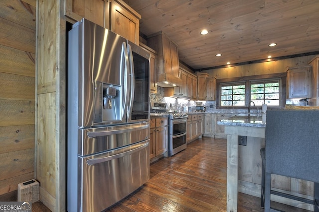 330 Serenity Ridge Ln, Mineral Bluff, GA 30559 - kitchen with stainless steel appliances, dark wood-type flooring, wooden ceiling, recessed lighting, and brown cabinetry