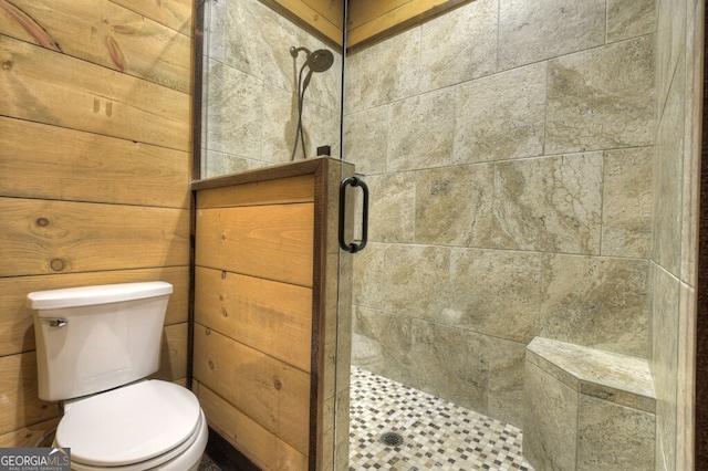 330 Serenity Ridge Ln, Mineral Bluff, GA 30559 - bathroom featuring a shower stall and wood walls