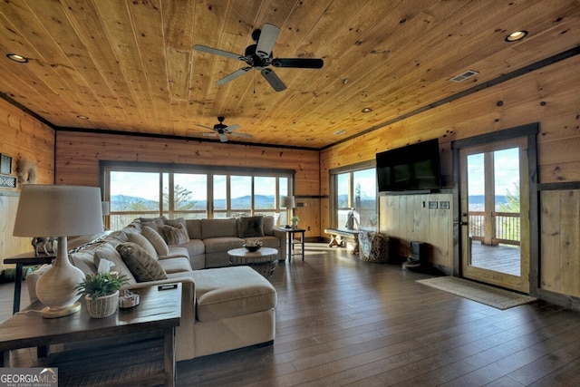 330 Serenity Ridge Ln, Mineral Bluff, GA 30559 - living area featuring wood walls, wood ceiling, plenty of natural light, hardwood / wood-style flooring, and a ceiling fan