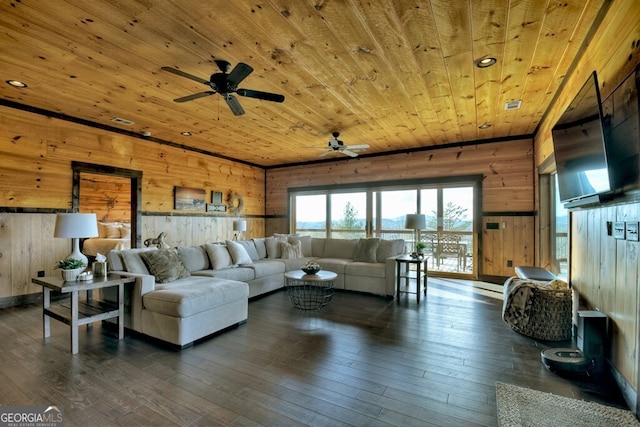 330 Serenity Ridge Ln, Mineral Bluff, GA 30559 - living area with wooden ceiling, wood walls, a ceiling fan, and dark wood-style floors
