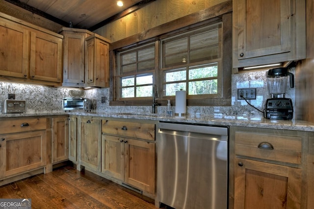 330 Serenity Ridge Ln, Mineral Bluff, GA 30559 - kitchen featuring stainless steel dishwasher, decorative backsplash, dark wood-type flooring, light stone counters, and wood ceiling