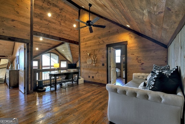 330 Serenity Ridge Ln, Mineral Bluff, GA 30559 - living area featuring wooden walls, wood-type flooring, ceiling fan, wooden ceiling, and a desk