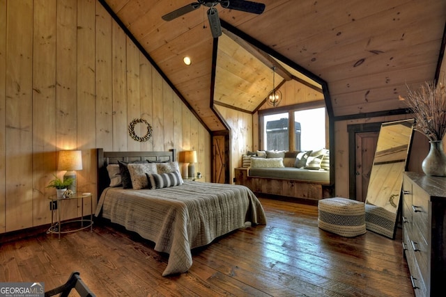 330 Serenity Ridge Ln, Mineral Bluff, GA 30559 - bedroom featuring wooden ceiling, wooden walls, lofted ceiling, and hardwood / wood-style floors