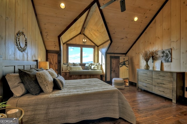 330 Serenity Ridge Ln, Mineral Bluff, GA 30559 - bedroom with dark wood-style flooring, wood ceiling, wooden walls, and vaulted ceiling