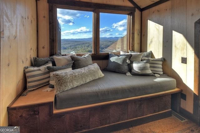 330 Serenity Ridge Ln, Mineral Bluff, GA 30559 - bedroom featuring a mountain view, wood walls, and lofted ceiling