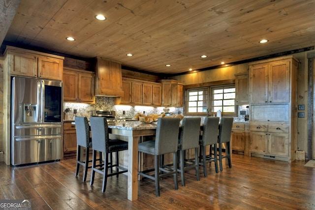 330 Serenity Ridge Ln, Mineral Bluff, GA 30559 - kitchen with stainless steel fridge with ice dispenser, wood ceiling, a breakfast bar area, dark wood-style floors, and recessed lighting