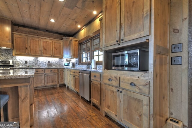 330 Serenity Ridge Ln, Mineral Bluff, GA 30559 - kitchen with appliances with stainless steel finishes, wooden ceiling, dark wood finished floors, decorative backsplash, and recessed lighting