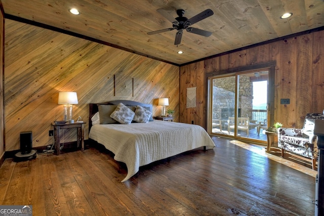 330 Serenity Ridge Ln, Mineral Bluff, GA 30559 - bedroom with wooden ceiling, wooden walls, access to exterior, and hardwood / wood-style flooring