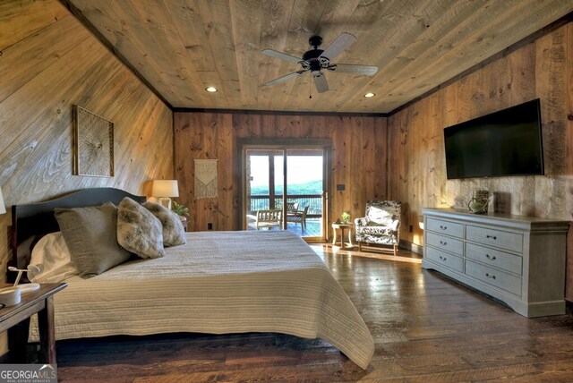 330 Serenity Ridge Ln, Mineral Bluff, GA 30559 - bedroom featuring wood ceiling, wooden walls, dark wood-style floors, and access to exterior