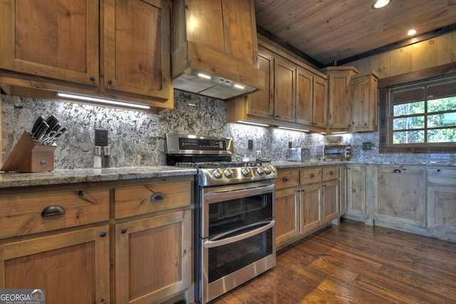 330 Serenity Ridge Ln, Mineral Bluff, GA 30559 - kitchen featuring range with two ovens, custom range hood, backsplash, dark wood-style flooring, and brown cabinets