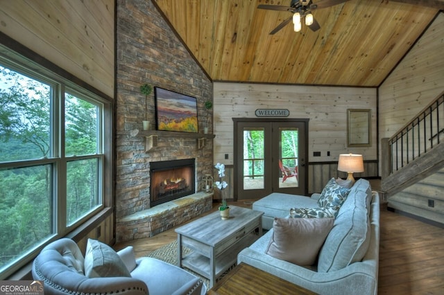 330 Serenity Ridge Ln, Mineral Bluff, GA 30559 - living area with hardwood / wood-style floors, wood ceiling, high vaulted ceiling, plenty of natural light, and ceiling fan