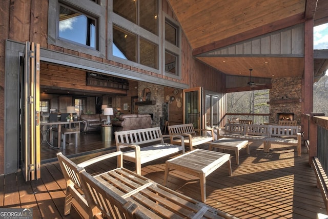 330 Serenity Ridge Ln, Mineral Bluff, GA 30559 - wooden deck featuring a ceiling fan and an outdoor living space with a fireplace