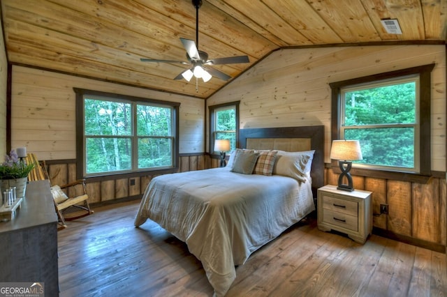 330 Serenity Ridge Ln, Mineral Bluff, GA 30559 - bedroom featuring wooden ceiling, wood walls, lofted ceiling, and hardwood / wood-style flooring