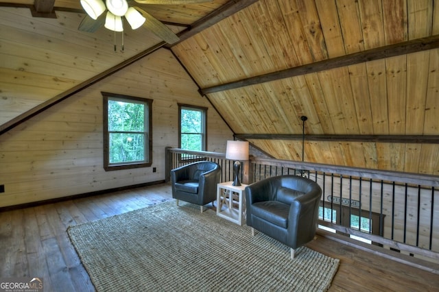 330 Serenity Ridge Ln, Mineral Bluff, GA 30559 - sitting room with wood ceiling, hardwood / wood-style flooring, ceiling fan, and wooden walls