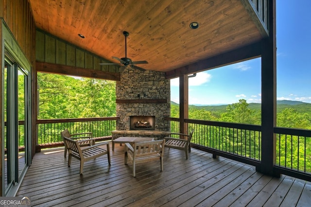 330 Serenity Ridge Ln, Mineral Bluff, GA 30559 - wooden terrace featuring an outdoor stone fireplace and ceiling fan