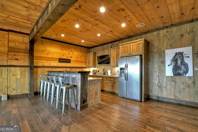 330 Serenity Ridge Ln, Mineral Bluff, GA 30559 - kitchen featuring stainless steel fridge with ice dispenser, wood walls, wooden ceiling, dark wood-style floors, and recessed lighting