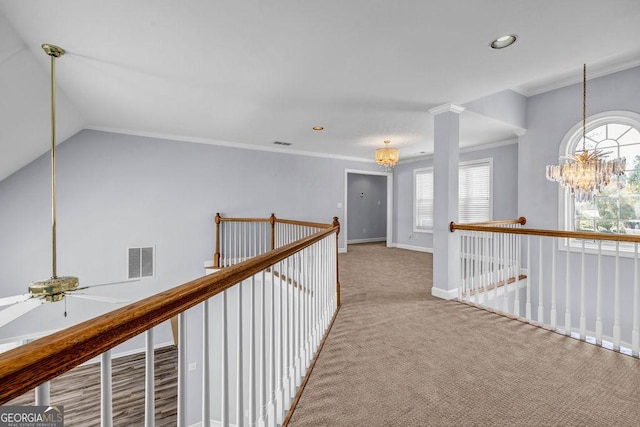 269 Legends Trce, Mcdonough, GA 30253 - hall featuring a chandelier, carpet, crown molding, recessed lighting, and an upstairs landing