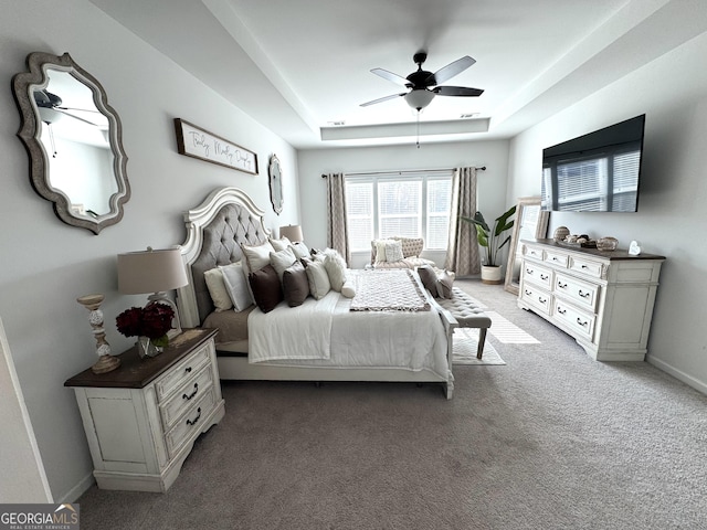5257 Shorthorn Way, Powder Springs, GA 30127 - bedroom with a raised ceiling, light colored carpet, and ceiling fan