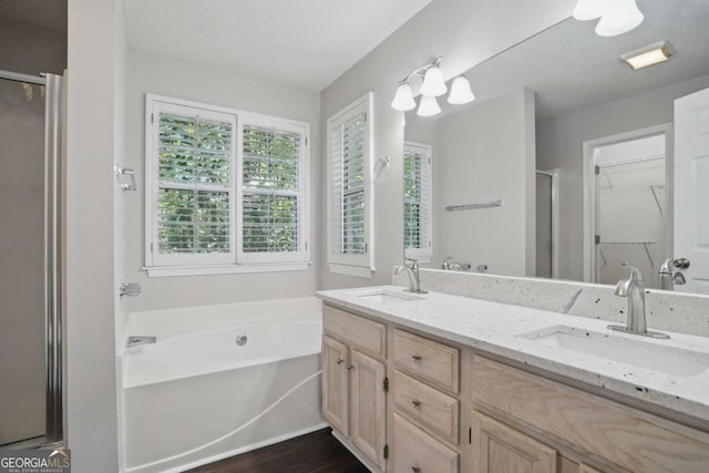 46 Highland Ct, Carrollton, GA 30116 - full bathroom with a shower stall, double vanity, a garden tub, wood finished floors, and a walk in closet