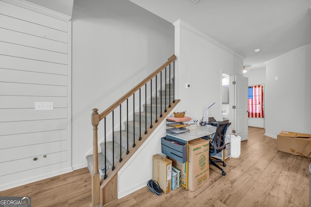 5615 Parkview Ln, Flowery Branch, GA 30542 - home office featuring wood finished floors and ornamental molding