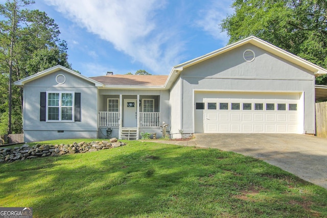 711 Main St, Byron, GA 31008 - ranch-style house featuring covered porch, an attached garage, driveway, a front yard, and crawl space