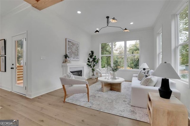 830 Gaston St SW, Atlanta, GA 30310 - living room featuring wood finished floors, a glass covered fireplace, a chandelier, recessed lighting, and ornamental molding