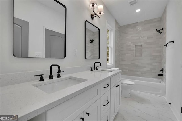 830 Gaston St SW, Atlanta, GA 30310 - full bath with marble finish floors, double vanity, shower / tub combination, and recessed lighting