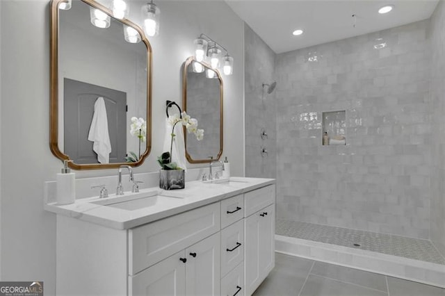 830 Gaston St SW, Atlanta, GA 30310 - bathroom featuring double vanity, a walk in shower, tile patterned flooring, and recessed lighting
