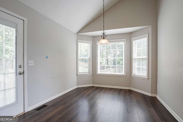 962 Taylors Farm Ct, Canton, GA 30115 - unfurnished dining area featuring dark wood-type flooring and vaulted ceiling