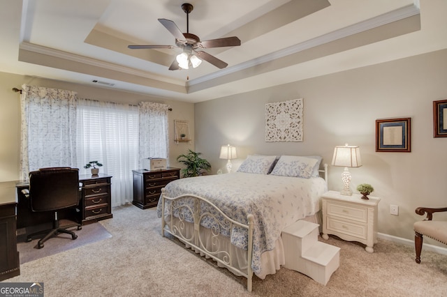 253 Lakeview Bend Cir, Jefferson, GA 30549 - bedroom featuring a raised ceiling, crown molding, light carpet, an office area, and a ceiling fan