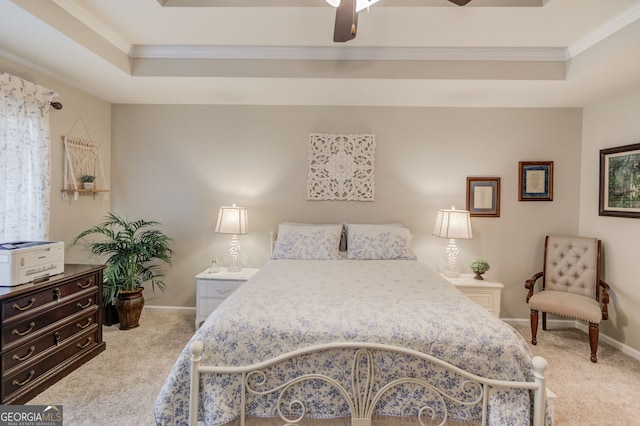 253 Lakeview Bend Cir, Jefferson, GA 30549 - bedroom featuring a tray ceiling, carpet flooring, crown molding, and ceiling fan