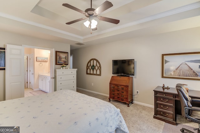 253 Lakeview Bend Cir, Jefferson, GA 30549 - bedroom featuring a raised ceiling, light carpet, crown molding, ensuite bath, and a ceiling fan