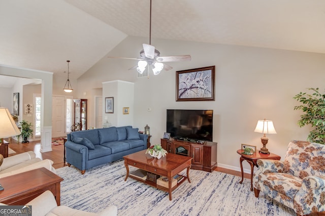 253 Lakeview Bend Cir, Jefferson, GA 30549 - living area featuring light wood-style flooring, a ceiling fan, and high vaulted ceiling