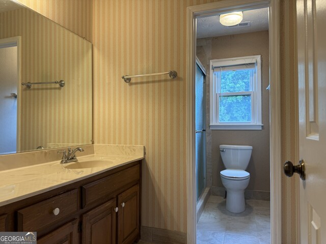 25 Darcee Ct, Lawrenceville, GA 30046 - full bathroom featuring vanity, a shower, wallpapered walls, and tile patterned flooring