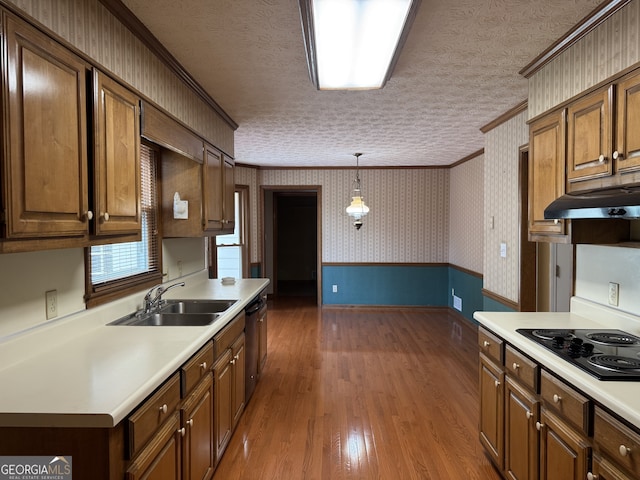 25 Darcee Ct, Lawrenceville, GA 30046 - kitchen with wallpapered walls, under cabinet range hood, black electric cooktop, light countertops, and ornamental molding