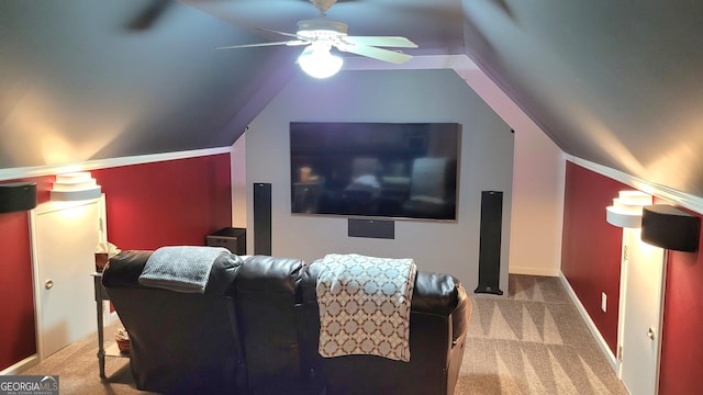 223 Overland Trl, Mcdonough, GA 30252 - home theater featuring carpet flooring, vaulted ceiling, and ceiling fan