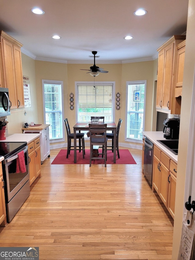 223 Overland Trl, Mcdonough, GA 30252 - kitchen with stainless steel appliances, ceiling fan, light countertops, crown molding, and recessed lighting