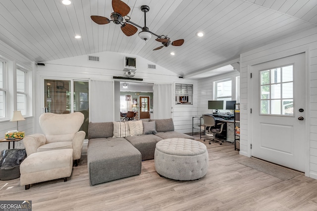 2716 Meadow Ridge Dr NW, Duluth, GA 30096 - living room with lofted ceiling, a ceiling fan, wood ceiling, an office area, and light wood-type flooring