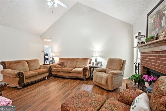 408 Victoria Place Dr, Locust Grove, GA 30248 - living room with a ceiling fan, high vaulted ceiling, wood finished floors, and a fireplace