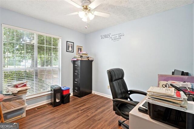 408 Victoria Place Dr, Locust Grove, GA 30248 - office space with wood finished floors, ceiling fan, and a textured ceiling