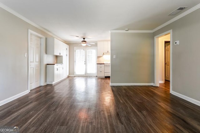 3993 Forrest Ct, Atlanta, GA 30341 - unfurnished living room featuring ceiling fan, ornamental molding, and dark wood-type flooring